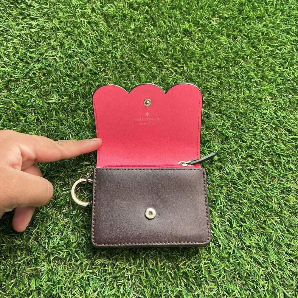 Kate Spade New York Brown Scallop Keychain Wallet ID Card Holder Pink Interior